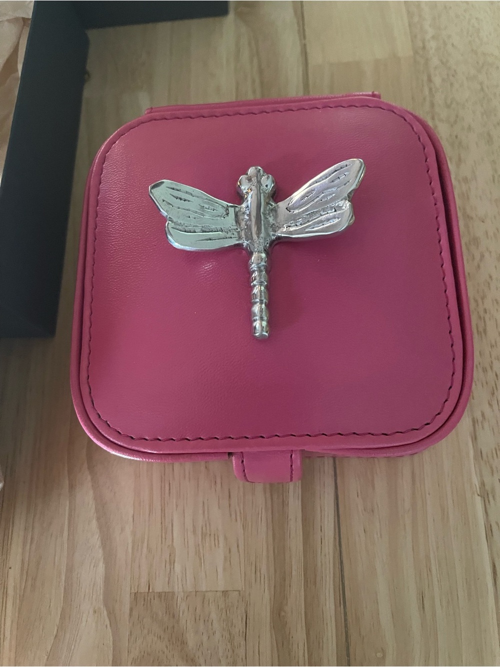 Women's Pink Jewelry Case with Silver Dragonfly Accent and 6 coasters plus bag